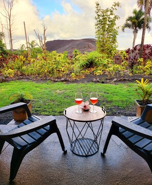 Une terrasse avec deux chaises et une table, deux verres remplis d’une boisson rouge, et un jardin luxuriant avec différentes plantes, le tout sur fond de montagnes.
