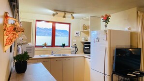 Une cuisine équipée d’une fenêtre, d’un évier, d’un réfrigérateur et d’un téléviseur.