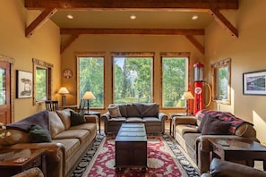 TV, fireplace, books, offices