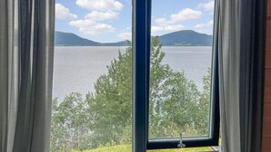 A window with a view of a lake, trees, and distant mountains.