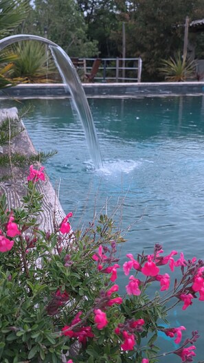 Piscine extérieure, parasols de plage, chaises longues