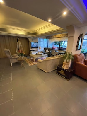 A spacious living area with a large sofa, a coffee table, and a TV. There is a hanging chair and a small table with a plant.