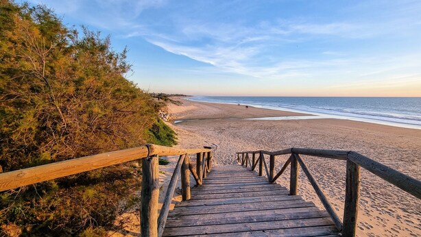 Une promenade en bois menant à une plage, avec un ciel dégagé.