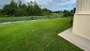 A grassy outdoor area with a wooden deck and a building.