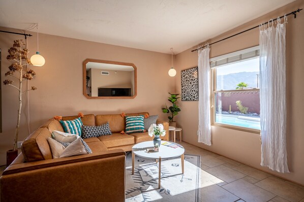 Smart TV, fireplace, books