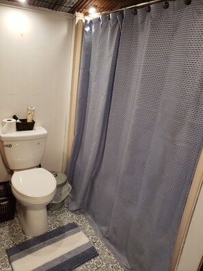 Combined shower/tub, towels, toilet paper
