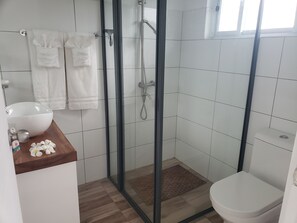 A bathroom with a glass-enclosed shower, a white sink, and a toilet. - Belle Balise (Korolevu)
