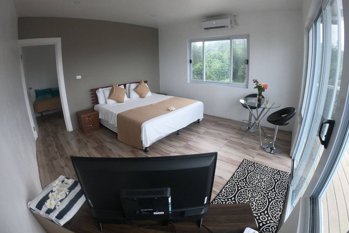A bedroom with a bed, a TV, a small table with a vase, and a window with a view of trees.