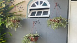 A grey wall with a small arched window and three hanging planters with green plants. - Hope Hostel (Guarapari)