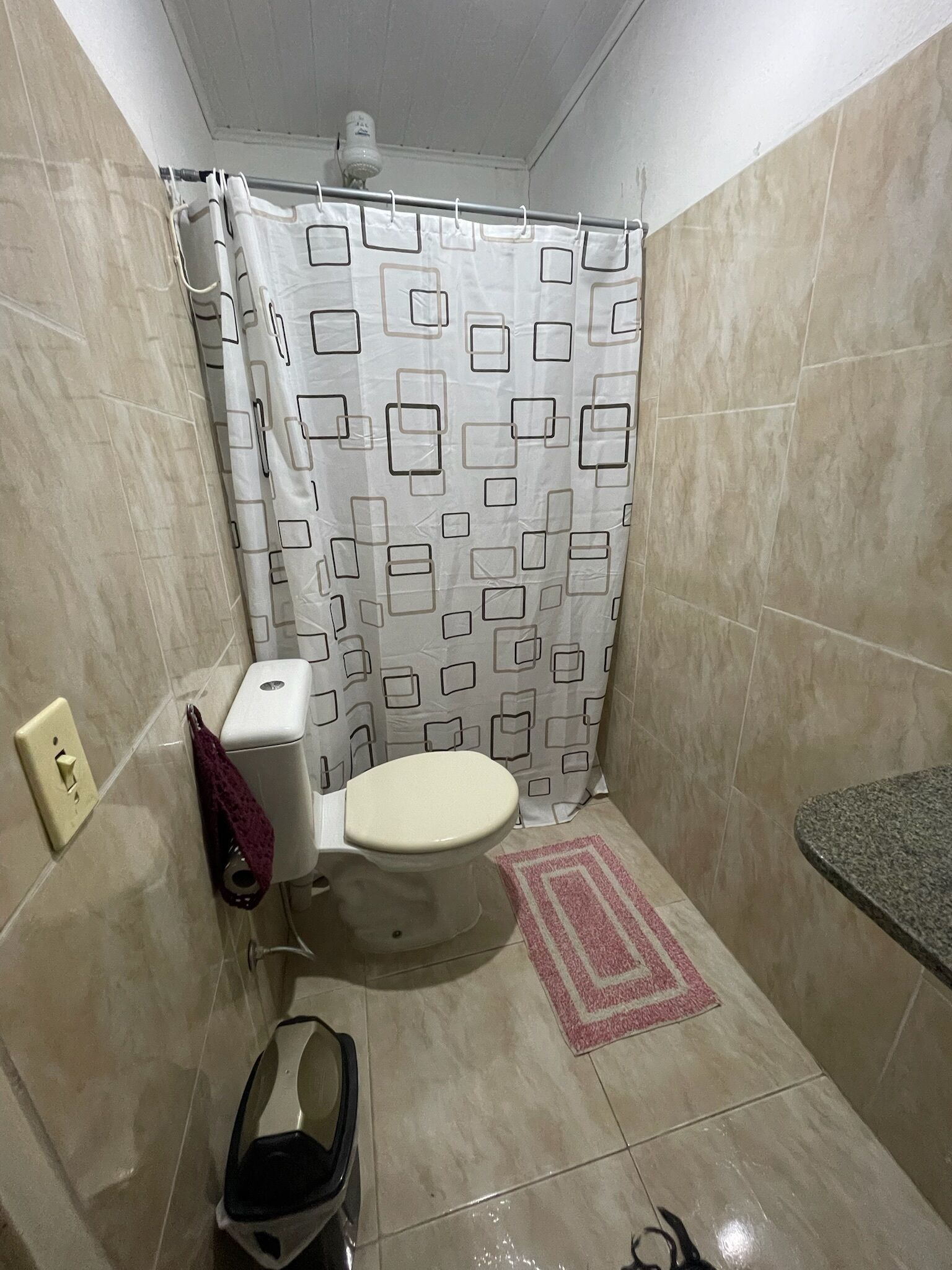 A bathroom with a toilet, shower curtain, and a small rug.