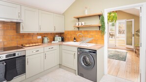 Cocina compacta con lavavajillas, horno y lavabo. Hay armarios de madera y una planta colgante.