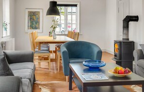 Un salon moderne comprenant un canapé, une table à manger avec des chaises, un fauteuil bleu, un poêle à bois noir et une fenêtre donnant sur des voitures garées.