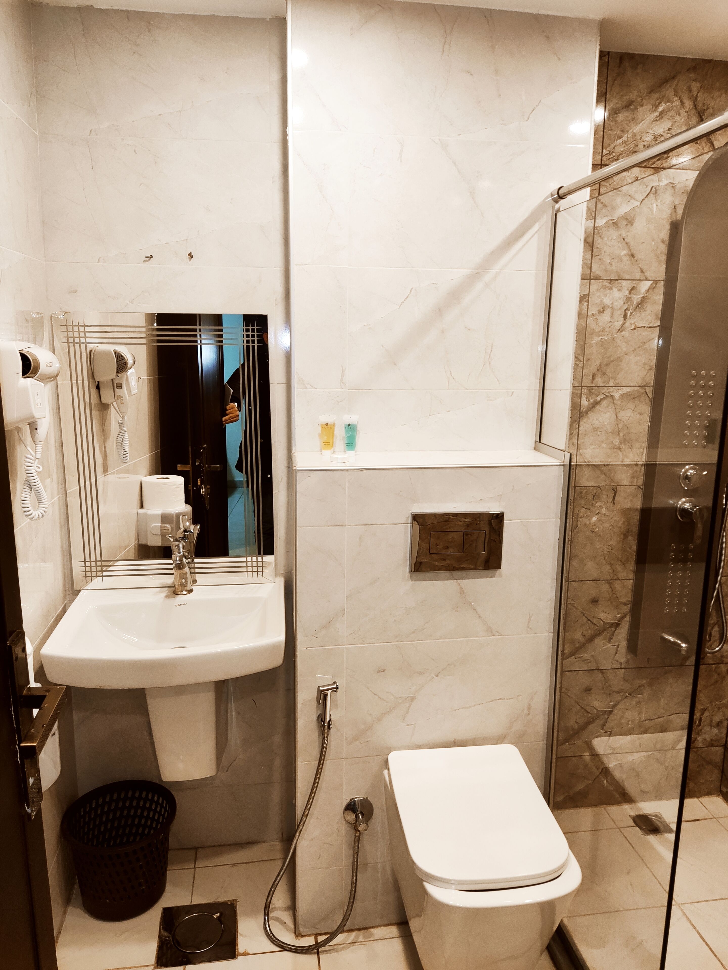 Shower, rainfall showerhead, hair dryer, slippers