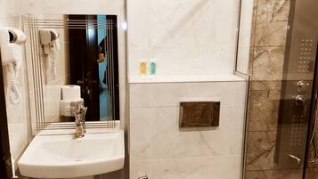 Shower, rainfall showerhead, hair dryer, slippers