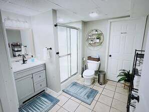 A bathroom with a shower, toilet, sink, and a mirror. - Entire lower level in a private home with walkout fenced yard. (Freeport)