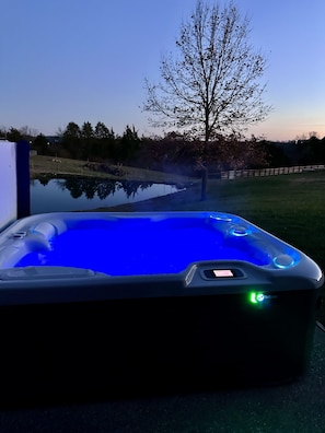 A hot tub with a digital control panel, surrounded by a grassy area and a body of water reflecting the sky.