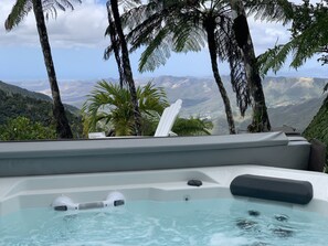A hot tub with a view of mountains and palm trees. - Luxury Private Villa Amazing Views Gated Paradise Starlink Hi-Speed Internet (Cayey)