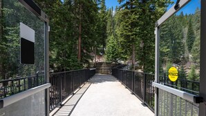 Un puente peatonal con barandillas de metal, rodeado de un bosque denso.