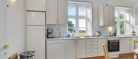 Fridge, stovetop, dishwasher, coffee/tea maker