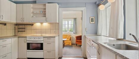 Fridge, stovetop, dishwasher, coffee/tea maker