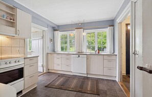 Fridge, stovetop, dishwasher, coffee/tea maker