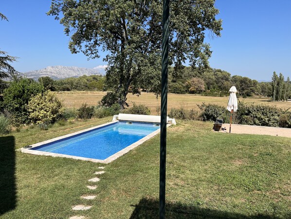 A rectangular swimming pool with a tiled edge, surrounded by well-maintained grass and a tree.