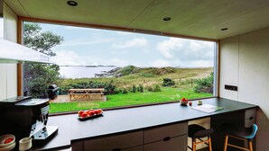 Une cuisine moderne dotée d’une grande fenêtre donnant sur un paysage verdoyant et un plan d’eau.