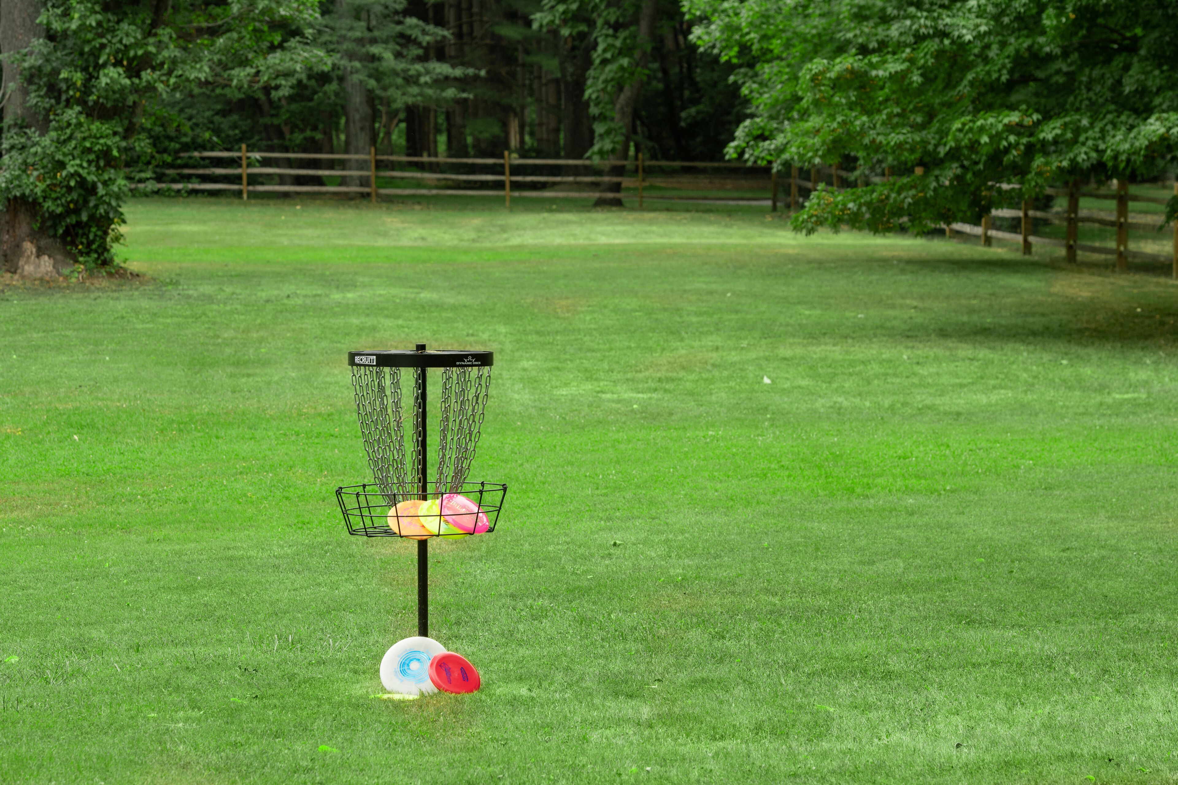 Una canasta de disc golf con varios objetivos y una valla de malla de cadena al fondo.