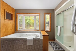 Combined shower/tub, jetted tub, hair dryer, towels