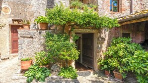 A stone building with a rustic entrance, potted plants, and a small garden area.