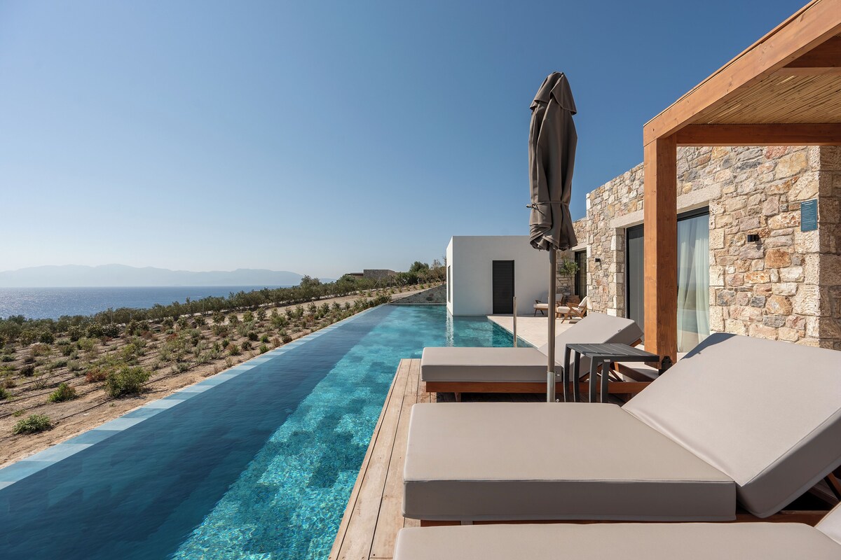 Una piscina con agua cristalina, sillas de descanso y vistas al mar.