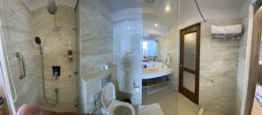 Shower, rainfall showerhead, hair dryer, bathrobes