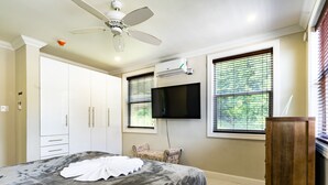 Un dormitorio con cama, armario, televisor y ventanas.