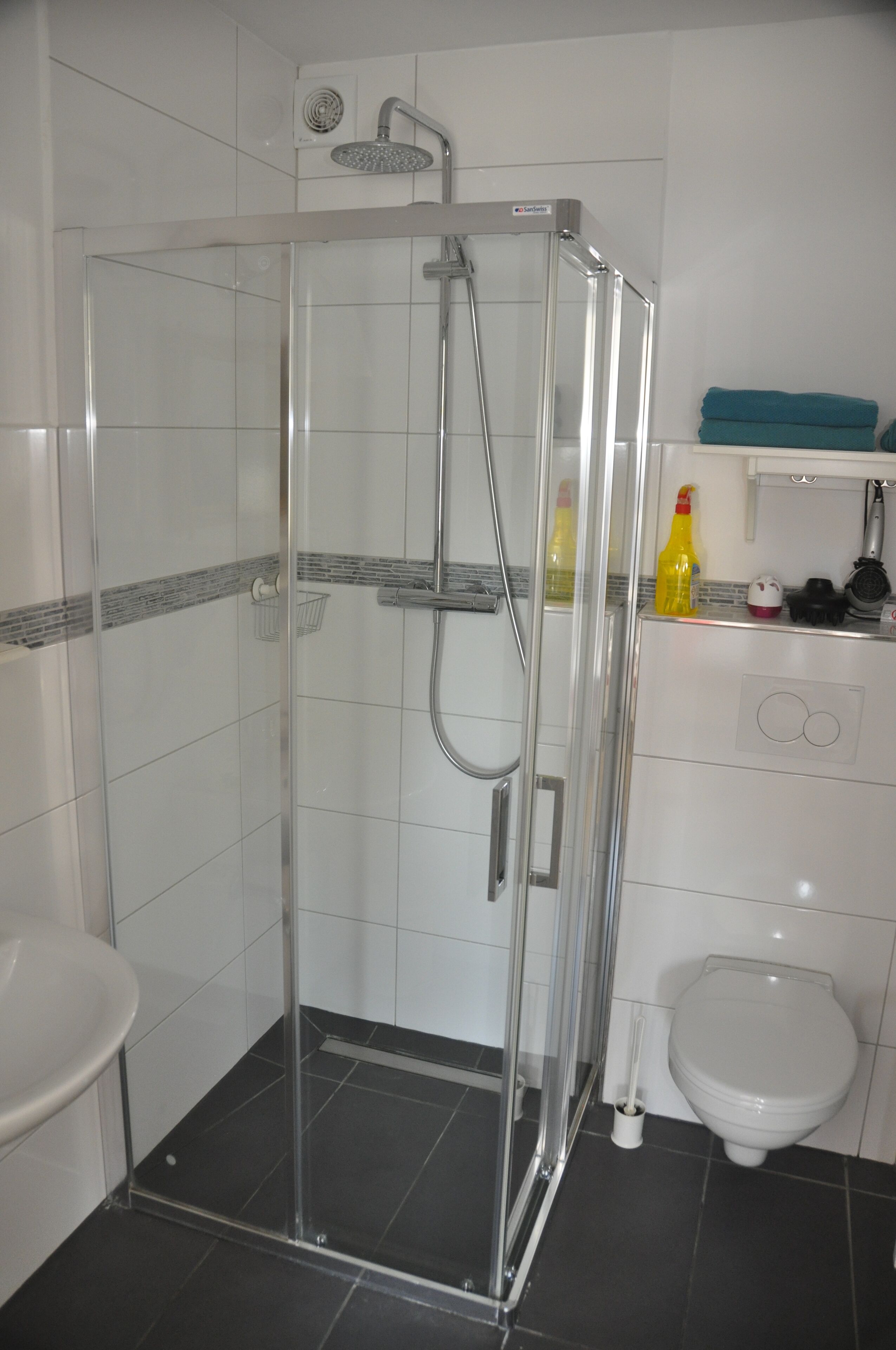 Un baño con ducha de vidrio, inodoro y lavamanos.