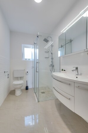 Shower, hair dryer, towels, toilet paper