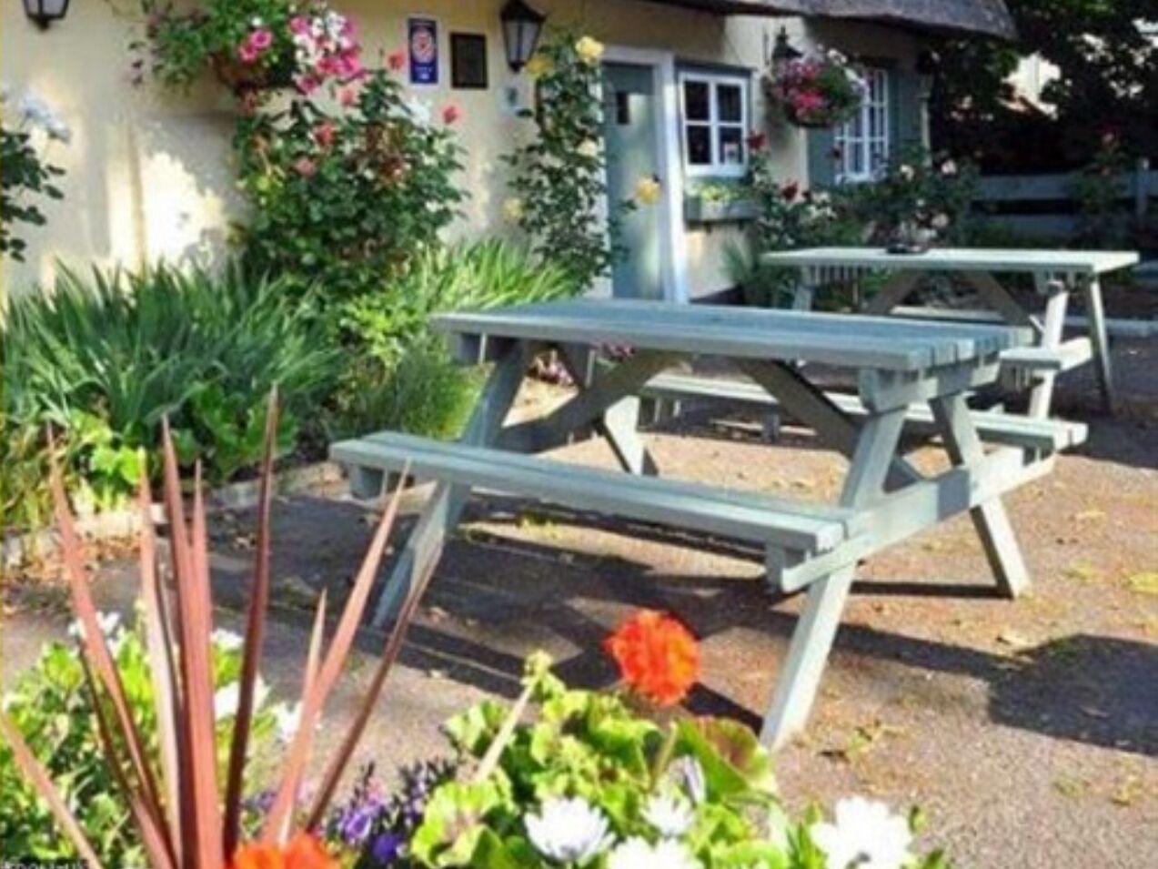 Een rustieke buitenruimte met picknicktafels, omringd door weelderig groen en bloeiende planten.