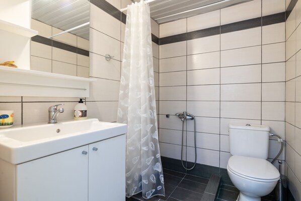 Basic Studio | Bathroom | Hair dryer, towels, soap, toilet paper
