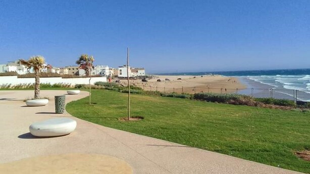 Una passeggiata costiera con spiaggia e vista sull'oceano, caratterizzata da un percorso pavimentato, fioriere e una recinzione.