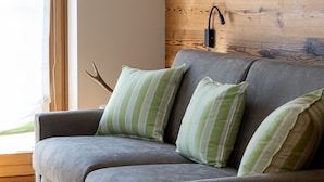 A grey sofa with green striped pillows against a wooden wall with a mounted picture. - CHALET INES - Appartamento 1 (Vodo Cadore)