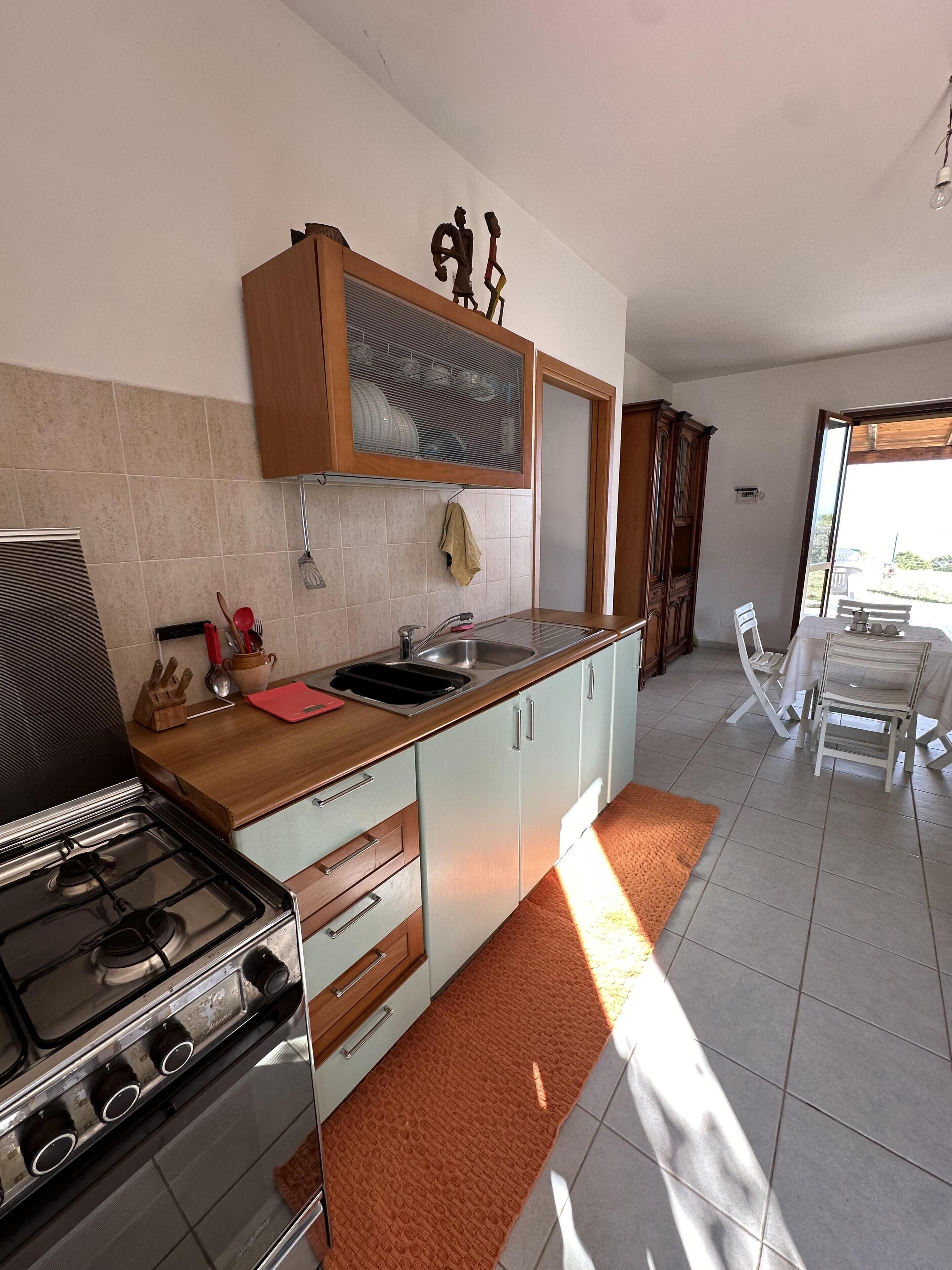 A modern kitchen with a gas stove, double sink, and wooden cabinets.