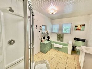 Shower, hair dryer, towels, soap