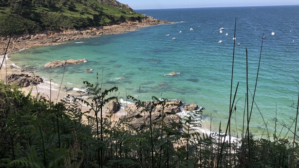 Un paisaje costero con aguas turquesas cristalinas, costa rocosa y vegetación verde exuberante.