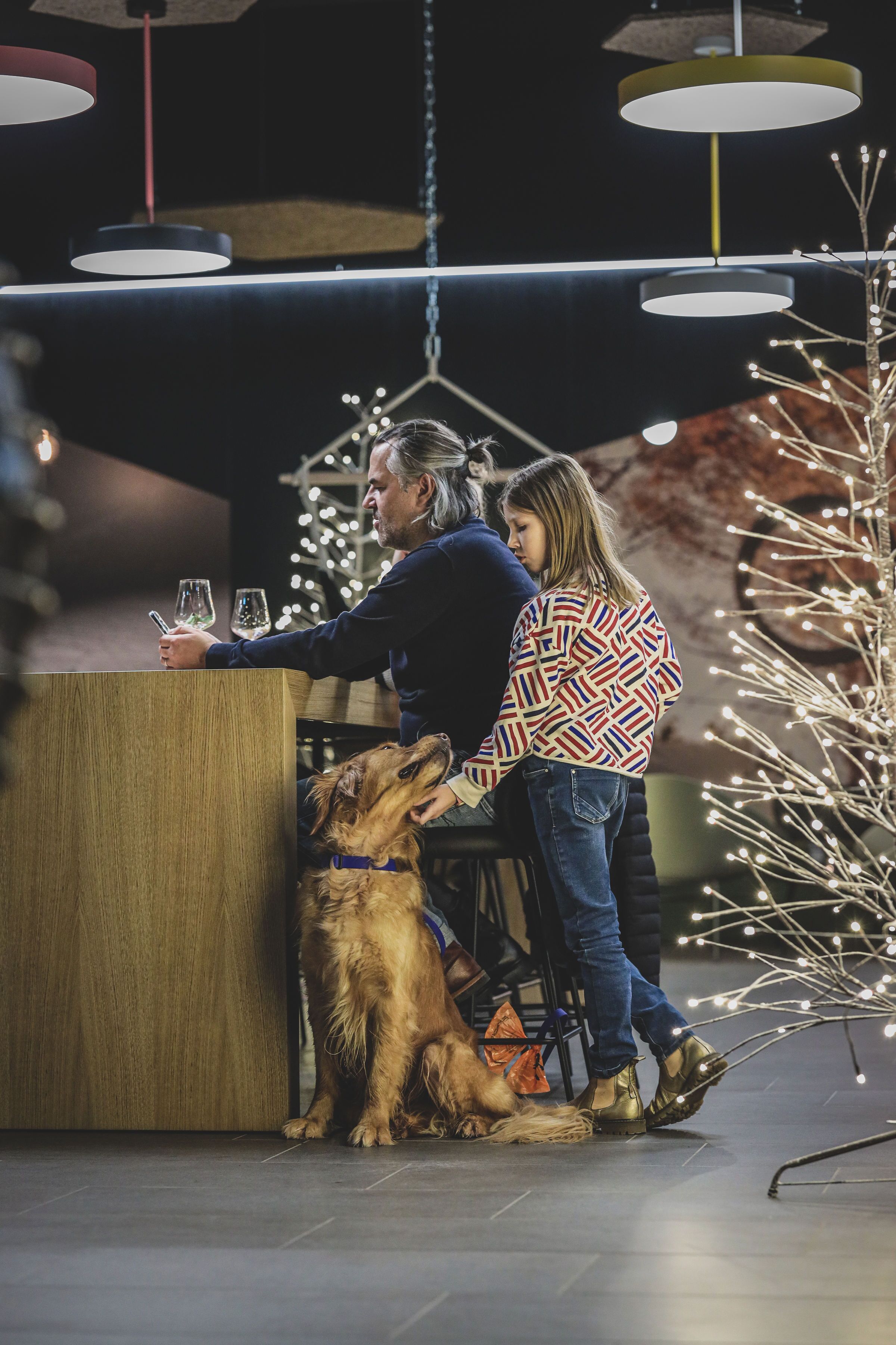 Un coin bar avec un comptoir en bois, un chien et une personne tenant un verre.