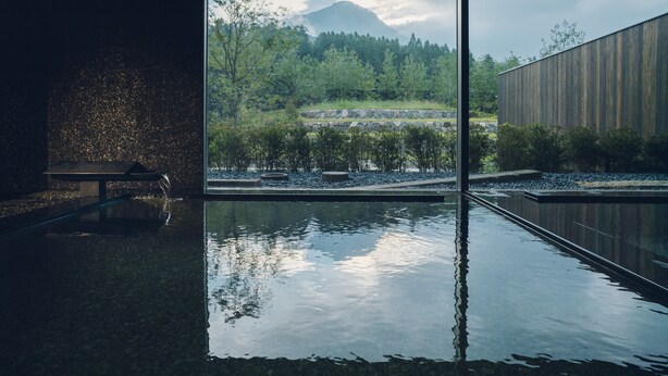 En moderne indendørs swimmingpool med frit udsyn til et bjerrelandskab gennem store vinduer.