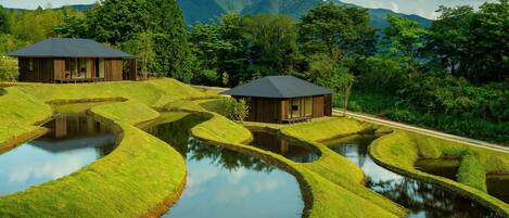 A traditional Japanese ryokan with two wooden buildings, terraced rice fields, and a mountain backdrop.