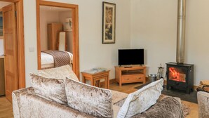 A cozy living room with a sofa, TV, and a wood-burning stove. - The Mews (Newton Abbot)