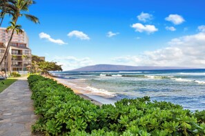 A coastal hotel with a paved walkway, lush greenery, and ocean views.