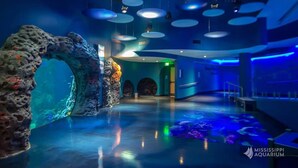A spacious lobby with a large aquarium, modern lighting, and a clear exit sign. - Summer Vacay! 3Bed&3Bath-Walk 2 Beach, On-Site Pool, Golf, Casinos, Gated! (Gulfport)