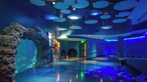 A spacious lobby with a large aquarium, modern lighting, and a clear exit sign.