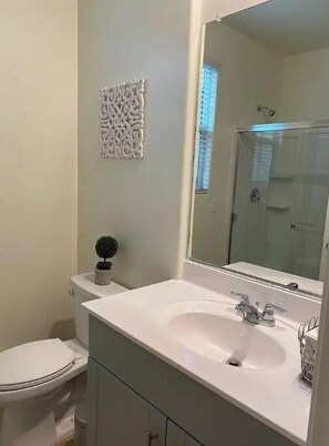 Shower, towels, toilet paper